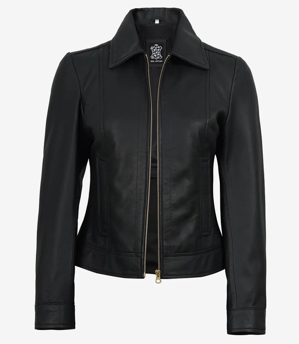 Classic Black Leather Jacket for Women with Golden Accents-Leather Jackets-Glompi-Glompi