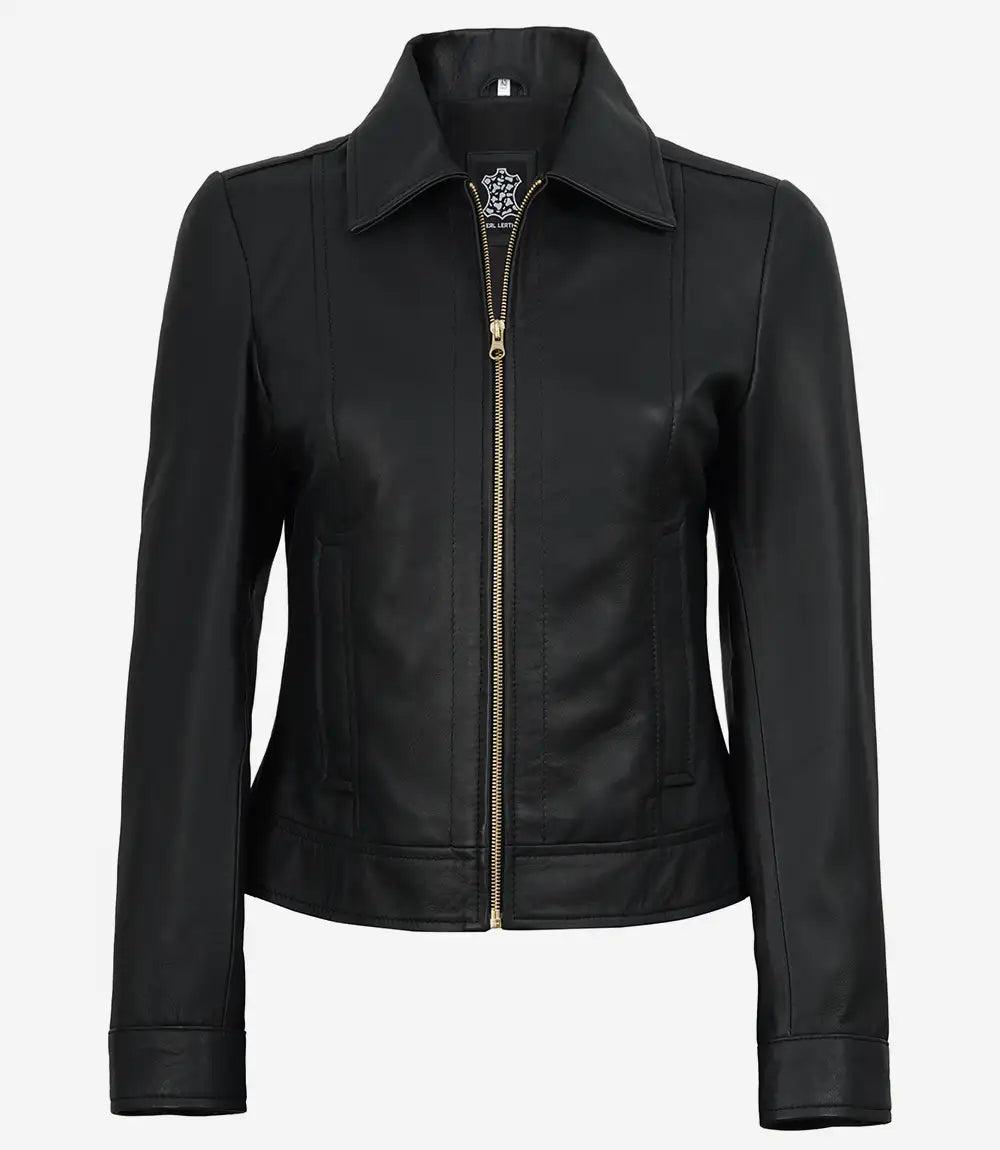 Classic Black Leather Jacket for Women with Golden Accents-Leather Jackets-Glompi-Glompi