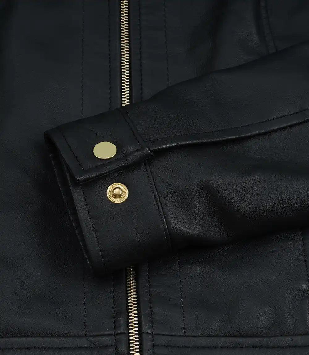 Classic Black Leather Jacket for Women with Golden Accents-Leather Jackets-Glompi-Glompi