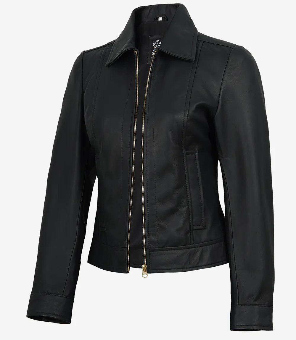 Classic Black Leather Jacket for Women with Golden Accents-Leather Jackets-Glompi-XS-Glompi