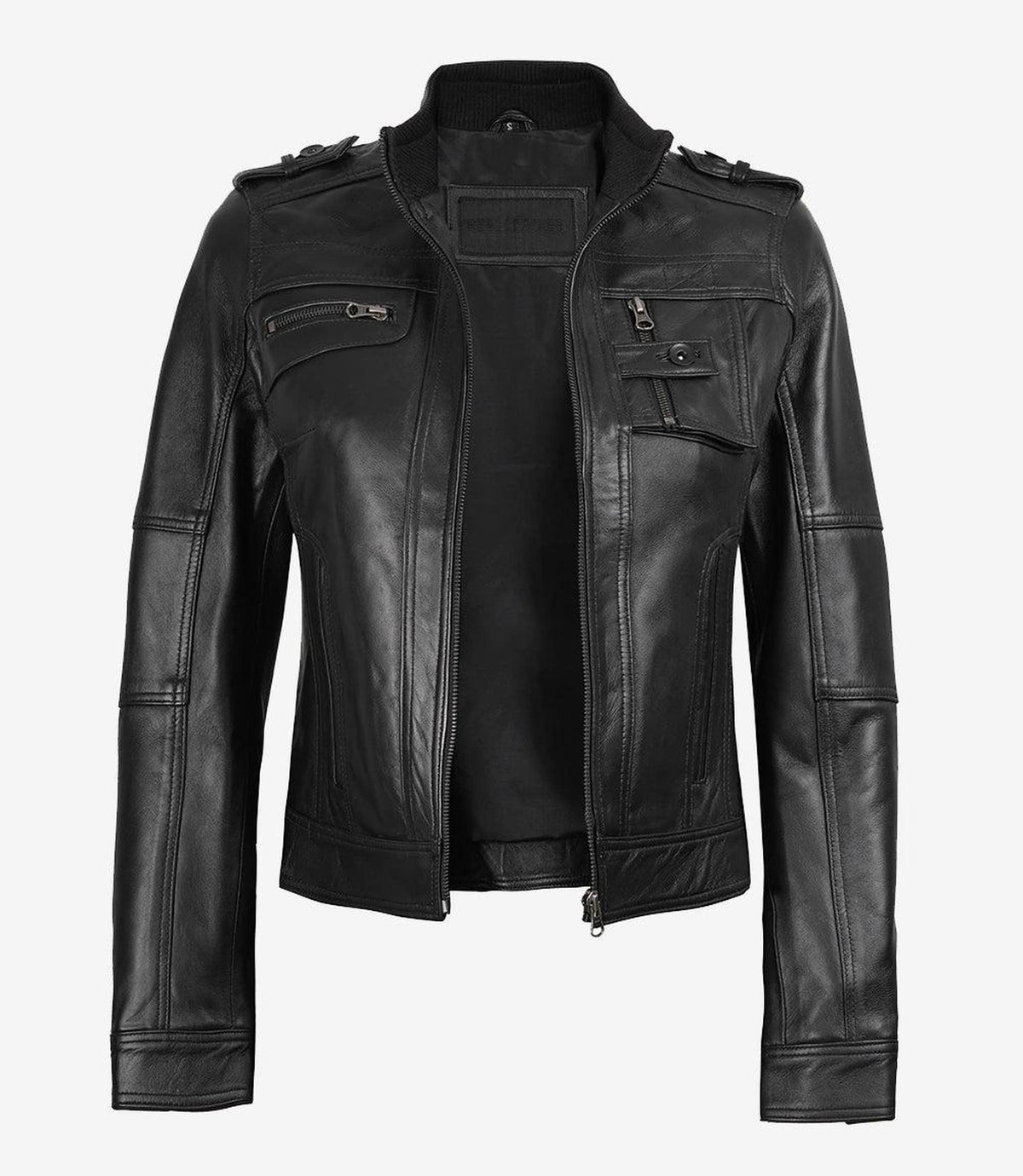 Classic Black Leather Jacket for Women with Zippered Pockets 3