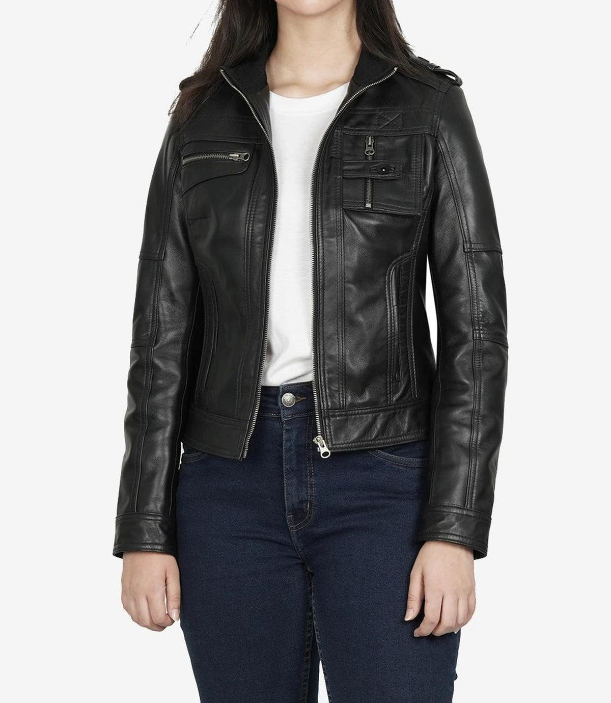 Classic Black Leather Jacket for Women with Zippered Pockets 5