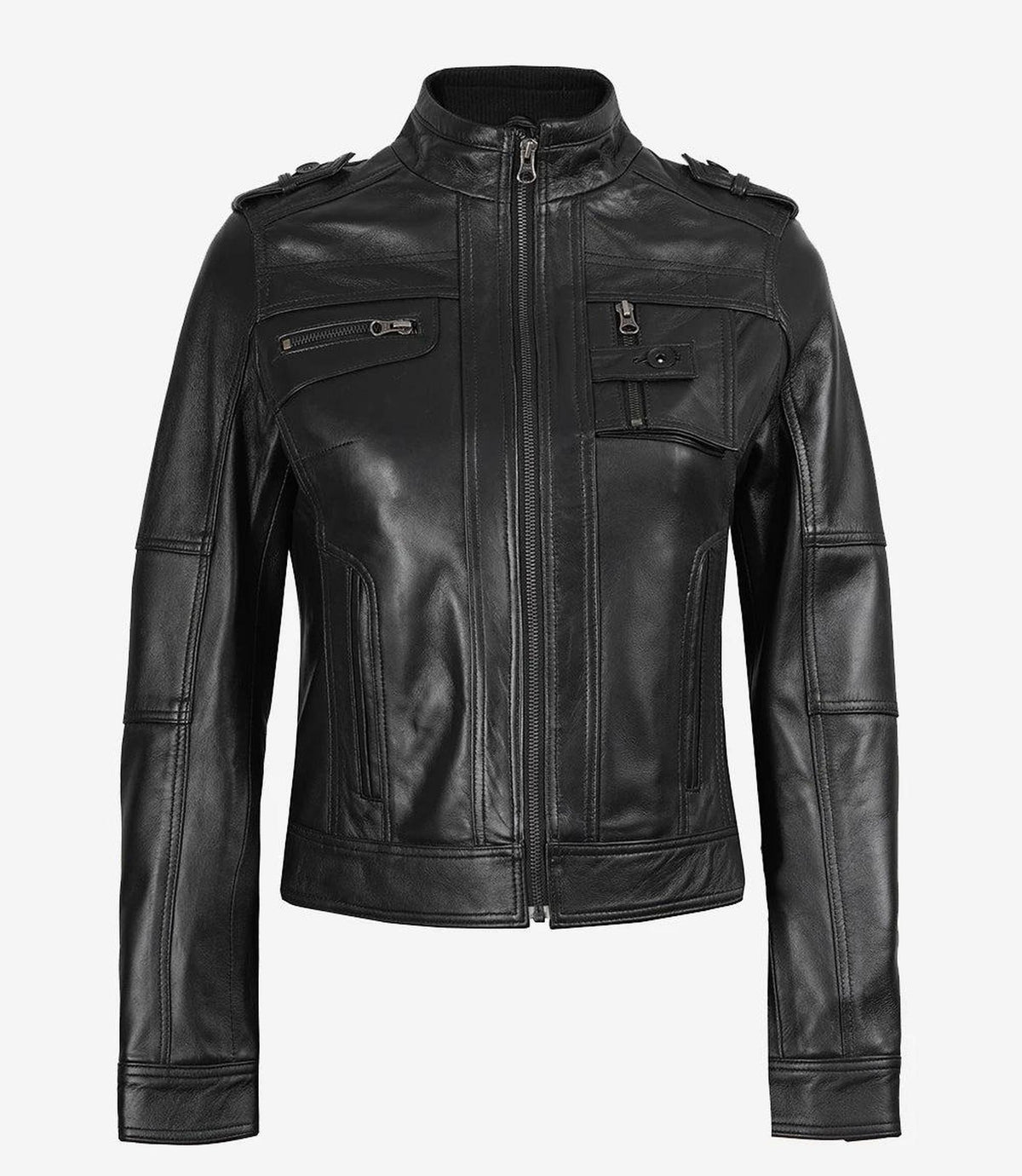 Classic Black Leather Jacket for Women with Zippered Pockets 4