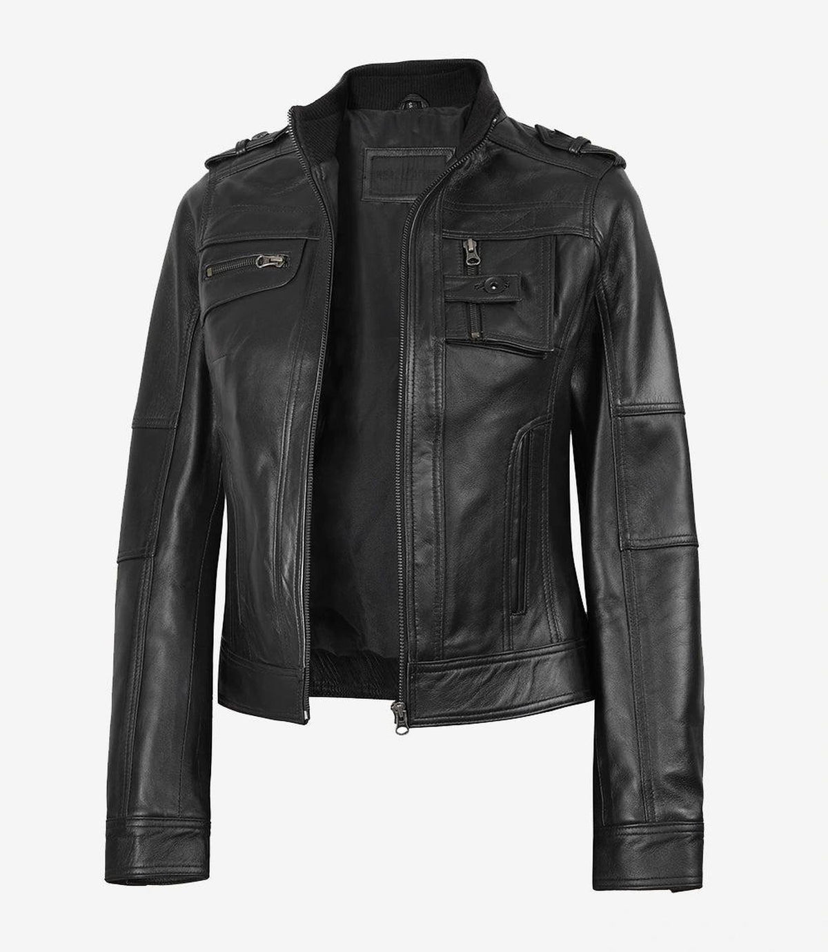Classic Black Leather Jacket for Women with Zippered Pockets 2