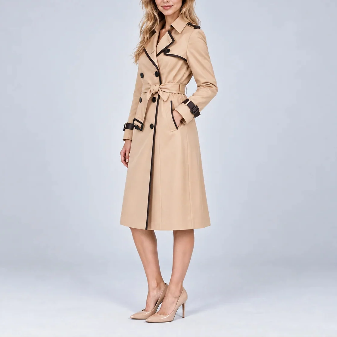 Classic Long Black Trench Coat for Women with Adjustable Belt 1