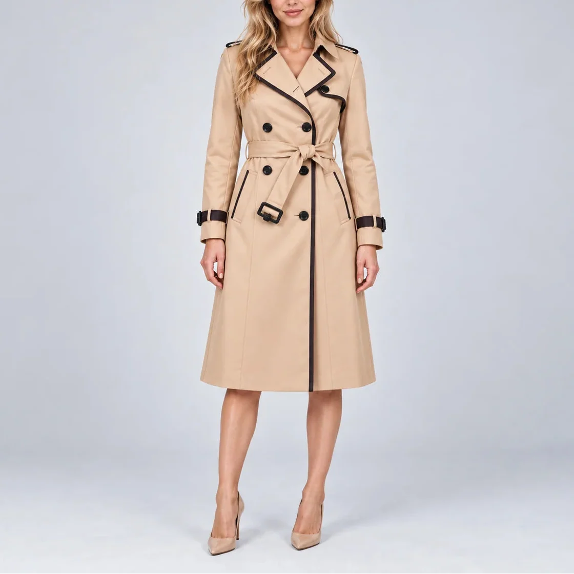 Classic Long Black Trench Coat for Women with Adjustable Belt 0