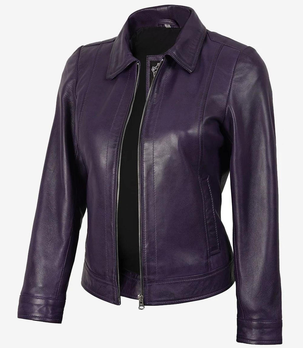 Classic Purple Leather Jacket with Shirt Collar for Women-Leather Jackets-Glompi-Glompi