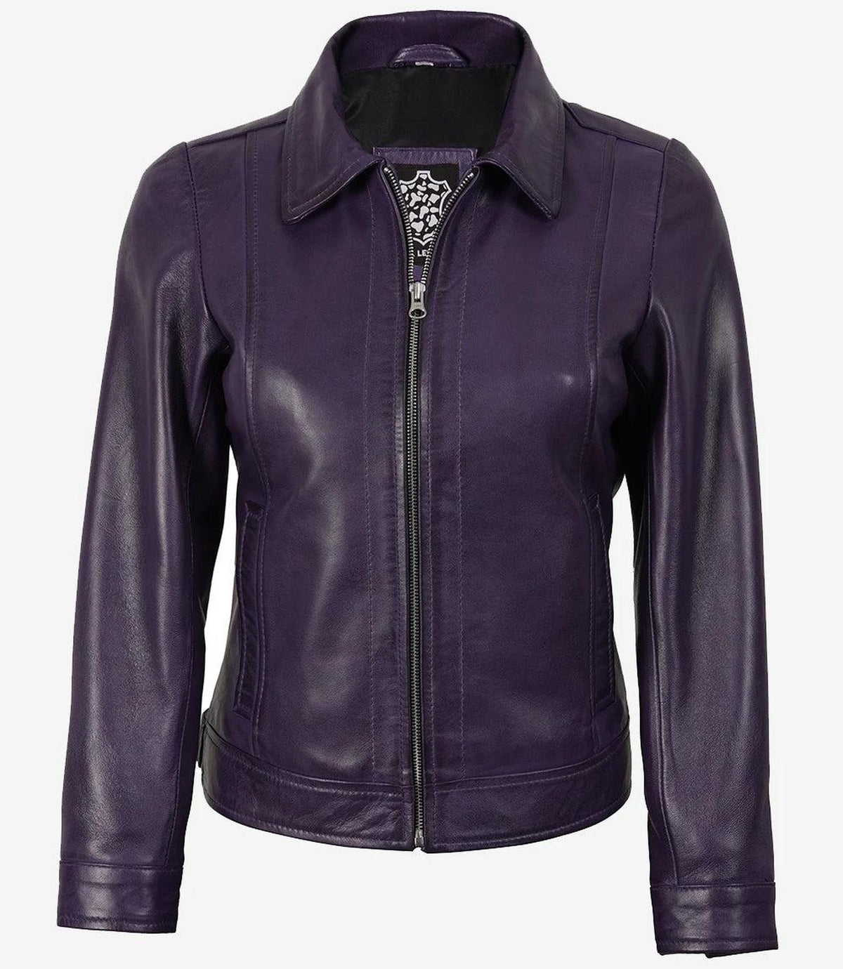 Classic Purple Leather Jacket with Shirt Collar for Women-Leather Jackets-Glompi-Glompi