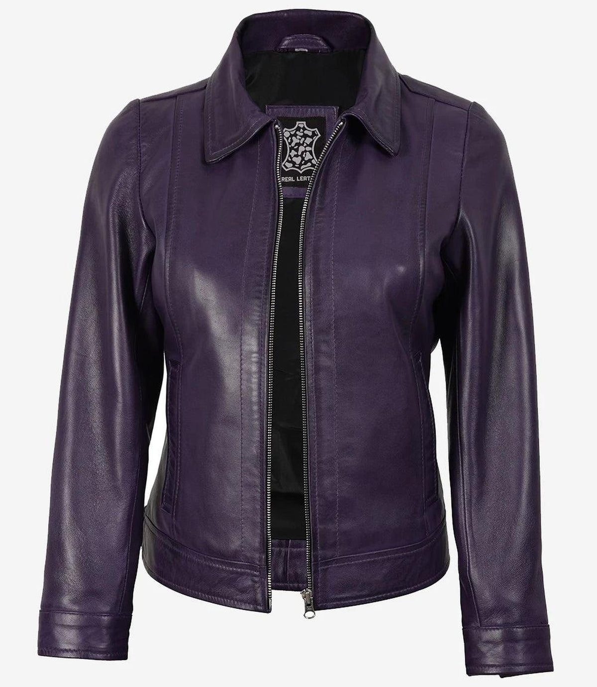 Classic Purple Leather Jacket with Shirt Collar for Women-Leather Jackets-Glompi-XS-Glompi
