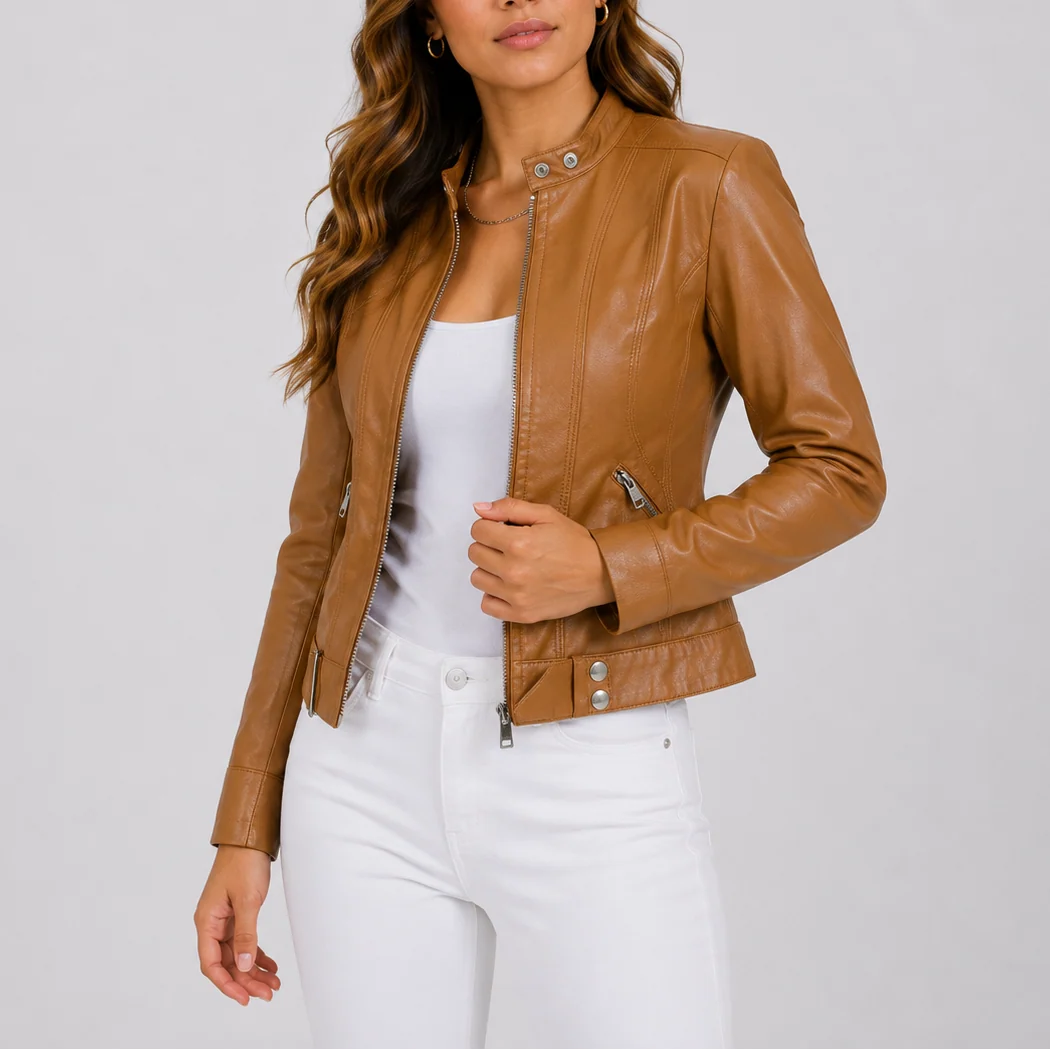 Classic Vegan Leather Women's Jacket with Zip Pockets 4