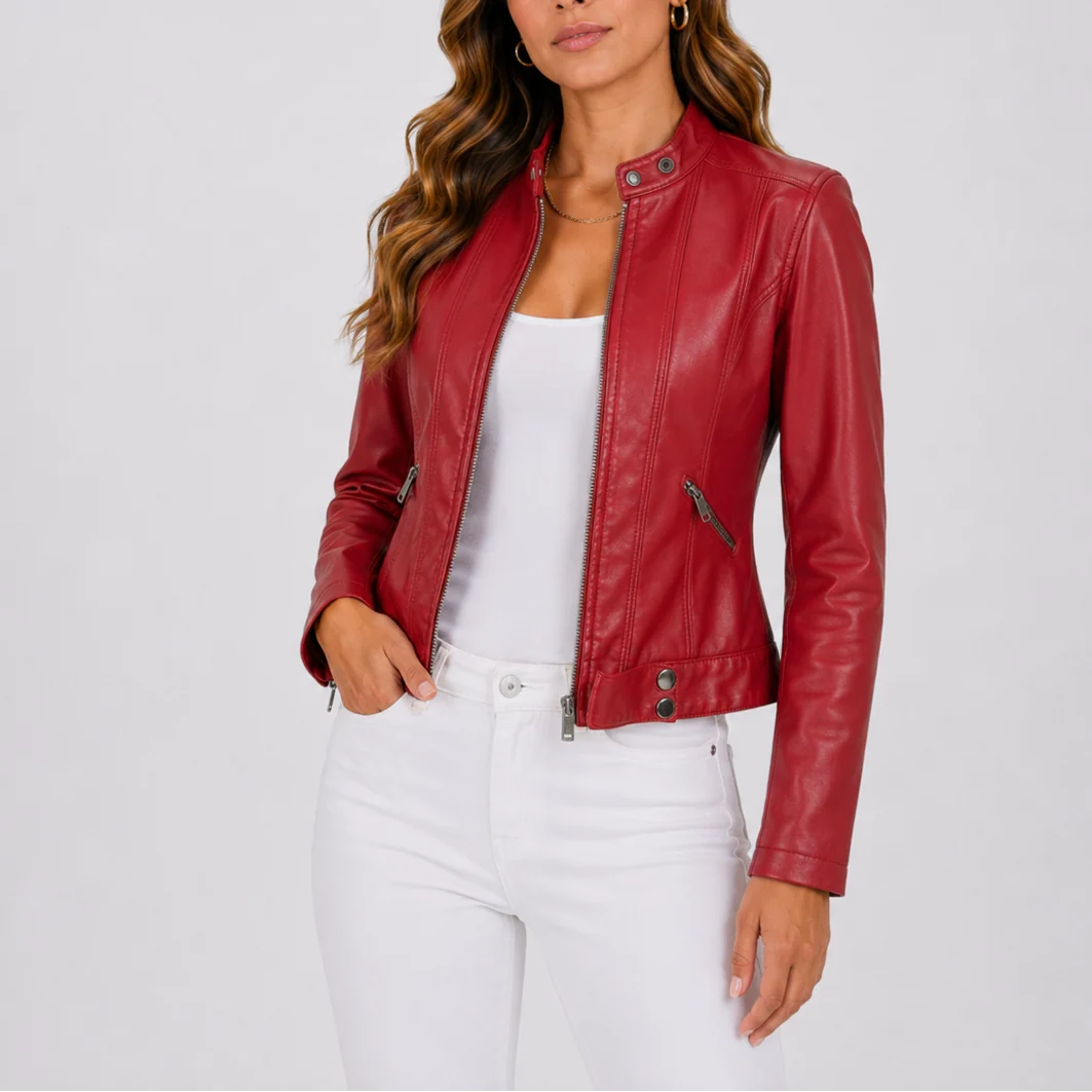 Classic Vegan Leather Women's Jacket with Zip Pockets 2