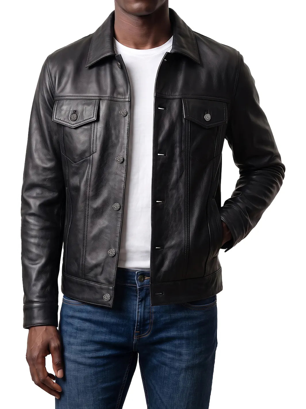 Classic Black Lambskin Leather Trucker Jacket for Men 0