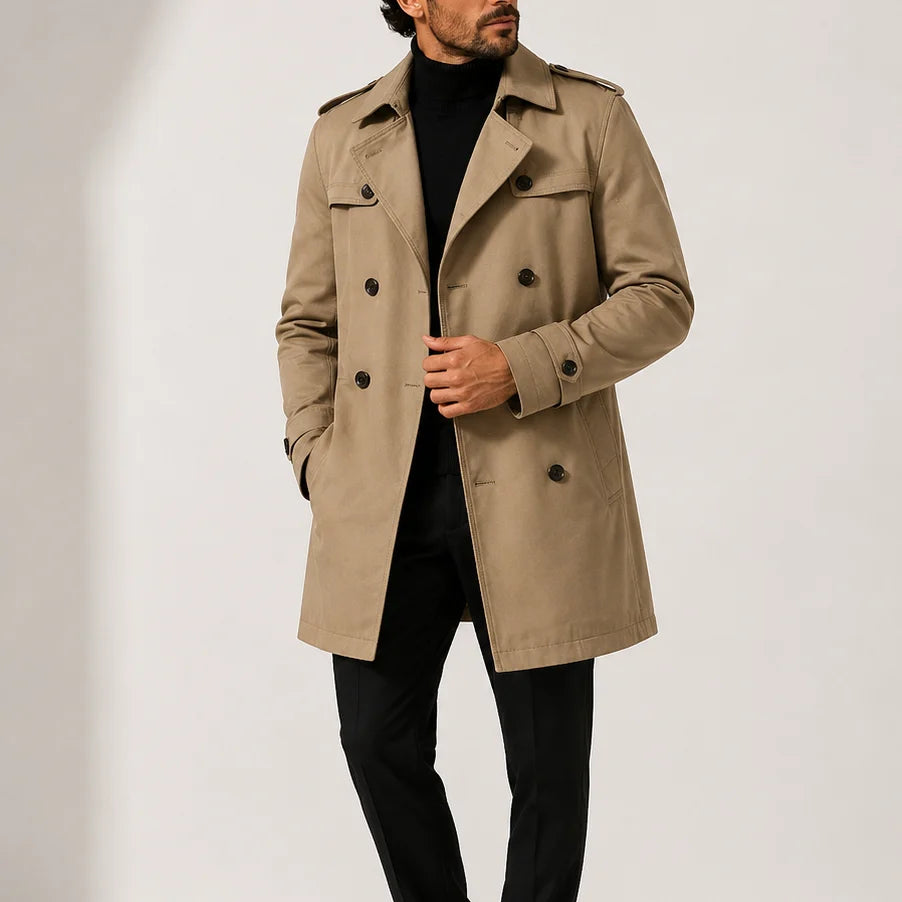 Classic Double-Breasted Men's Trench Coat with Structured Lapel 0