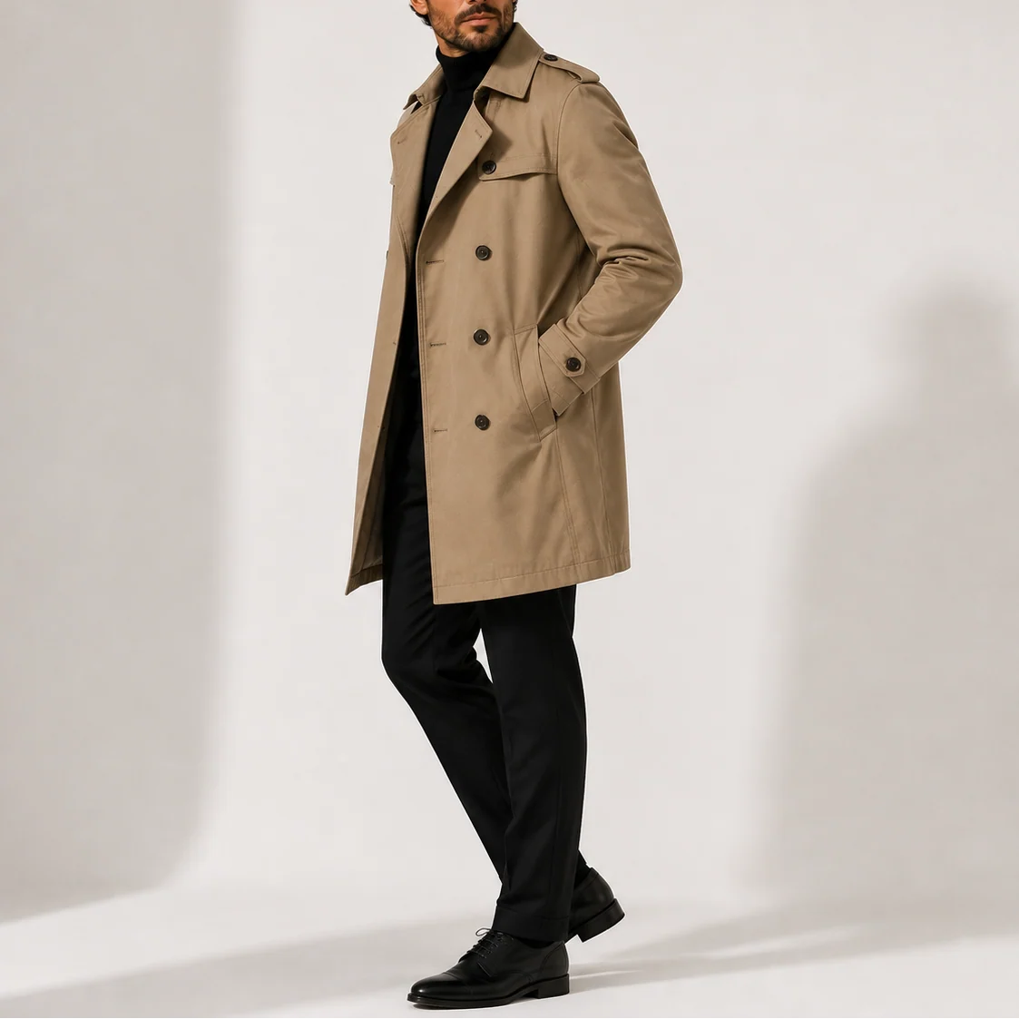 Classic Double-Breasted Men's Trench Coat with Structured Lapel 2