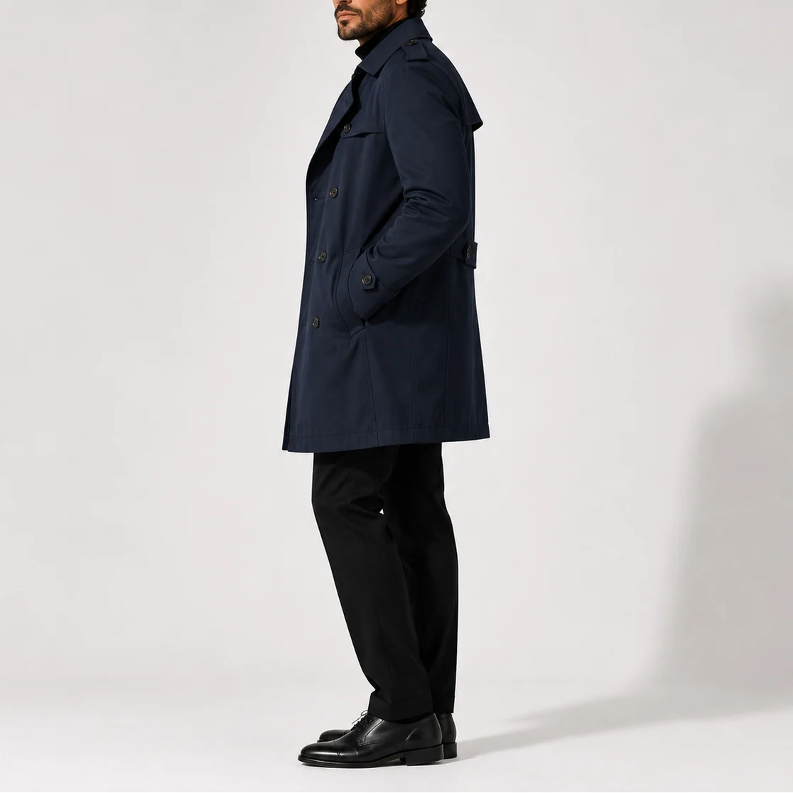 Classic Double-Breasted Men's Trench Coat with Structured Lapel 3