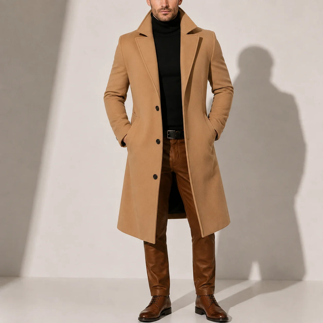 Classic Men's Wool Blend Long Overcoat with Tailored Fit 0