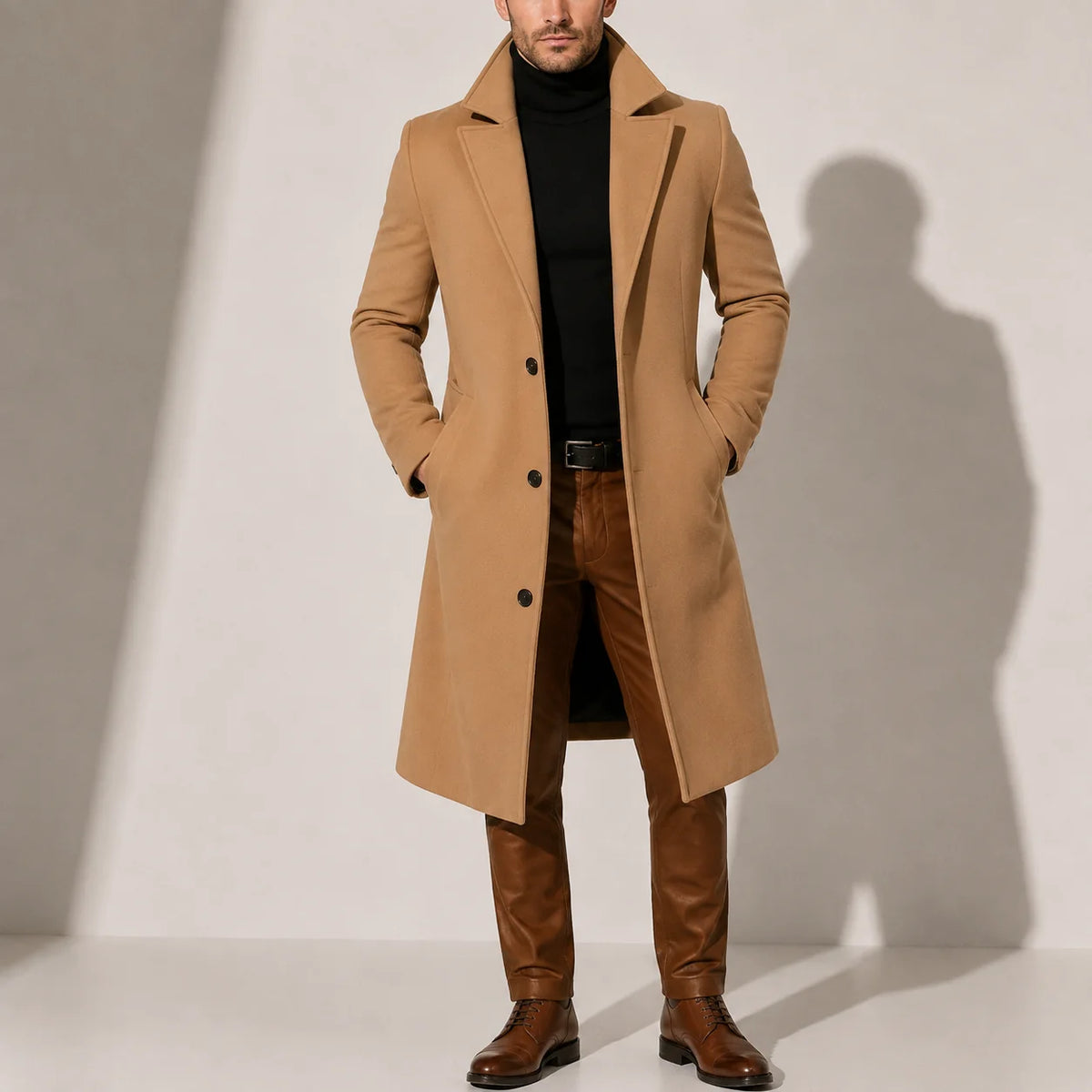 Classic Men's Wool Blend Long Overcoat with Tailored Fit 0