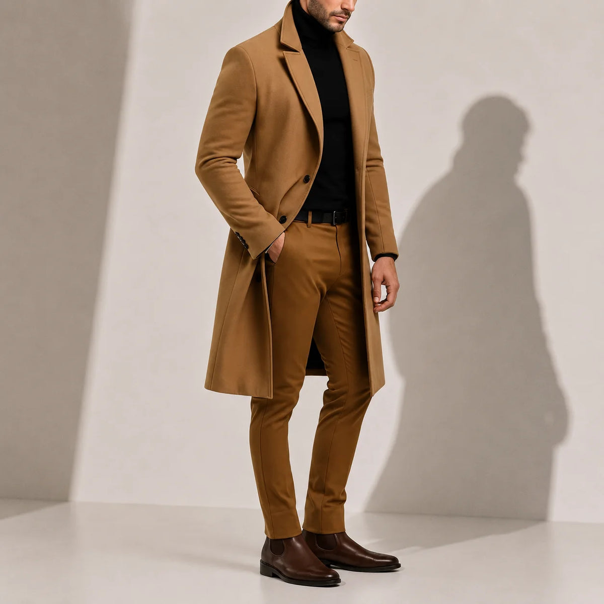 Classic Men's Wool Blend Long Overcoat with Tailored Fit 1