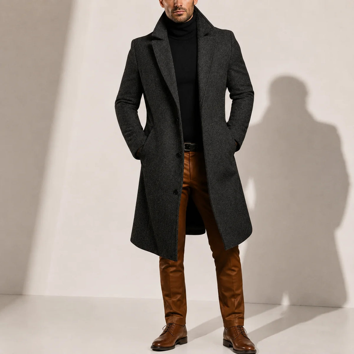 Classic Men's Wool Blend Long Overcoat with Tailored Fit 2