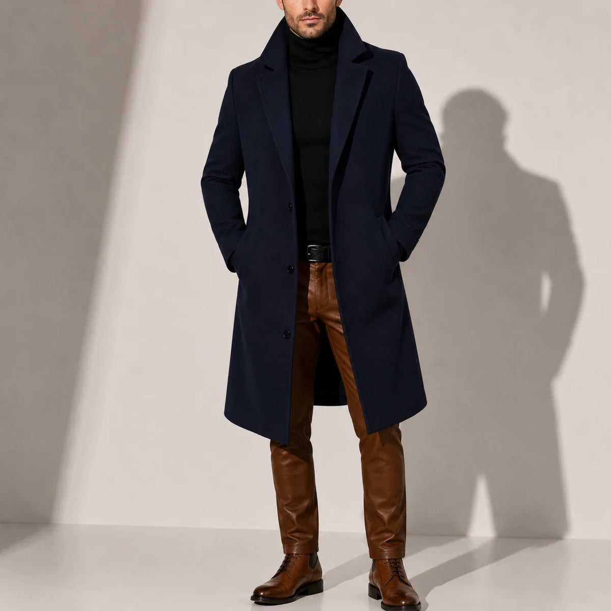Classic Men's Wool Blend Long Overcoat with Tailored Fit 3