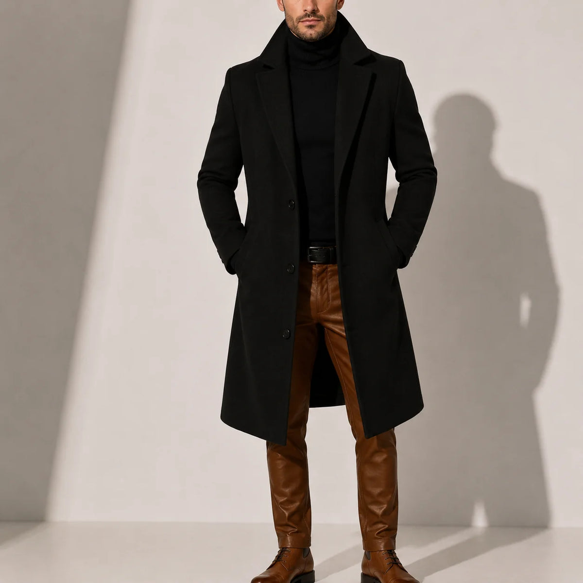 Classic Men's Wool Blend Long Overcoat with Tailored Fit 4