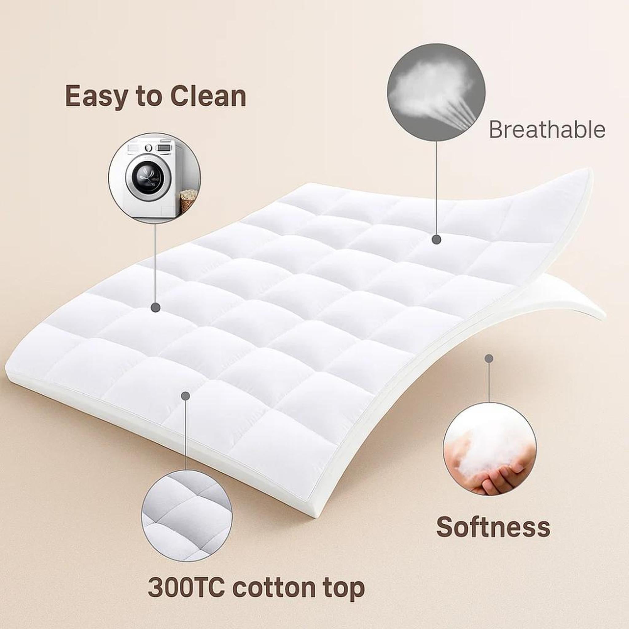 White quilted cooling mattress topper with a breathable 300TC cotton top, highlighting softness and easy cleaning.