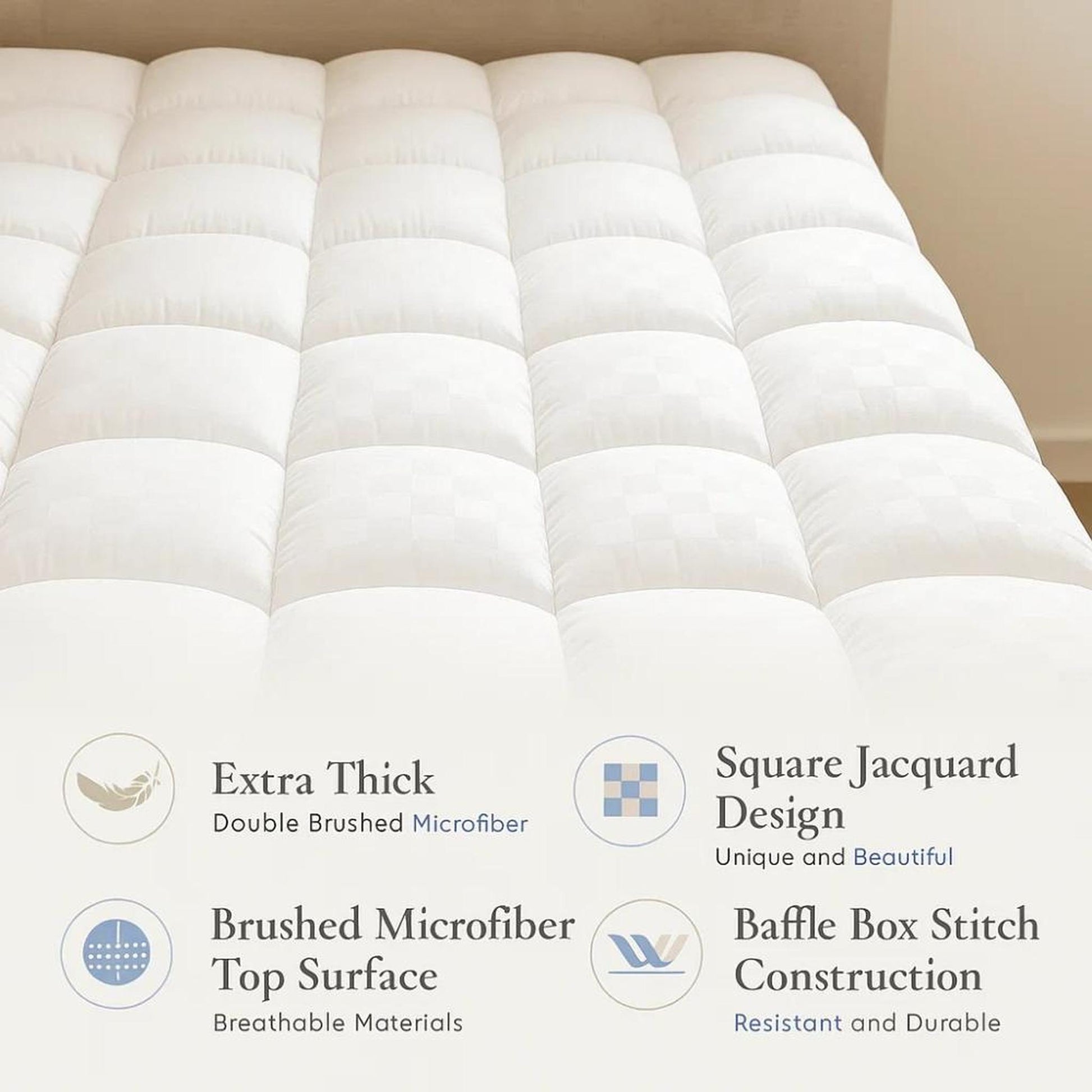 White quilted CloudLift cooling mattress topper with square jacquard design and baffle box stitching.