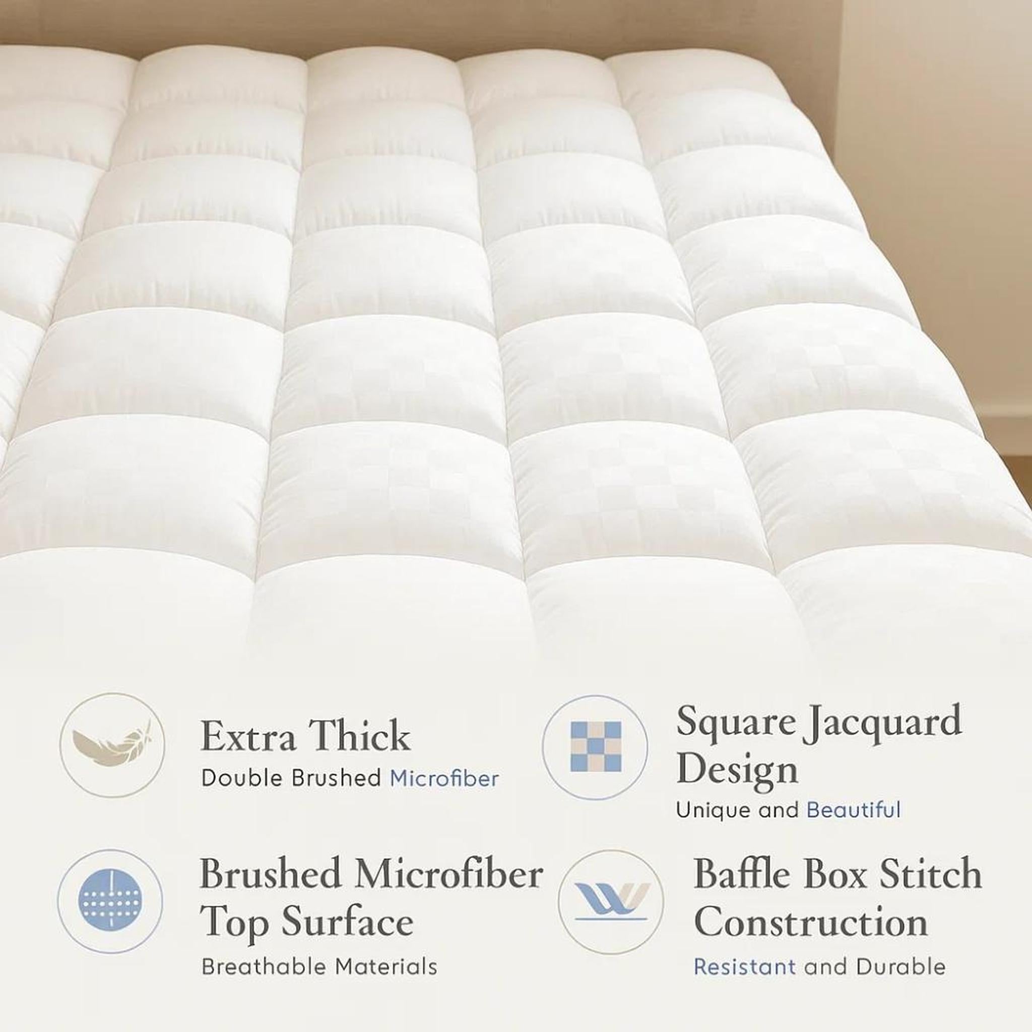 White quilted CloudLift cooling mattress topper with square jacquard design and baffle box stitching.
