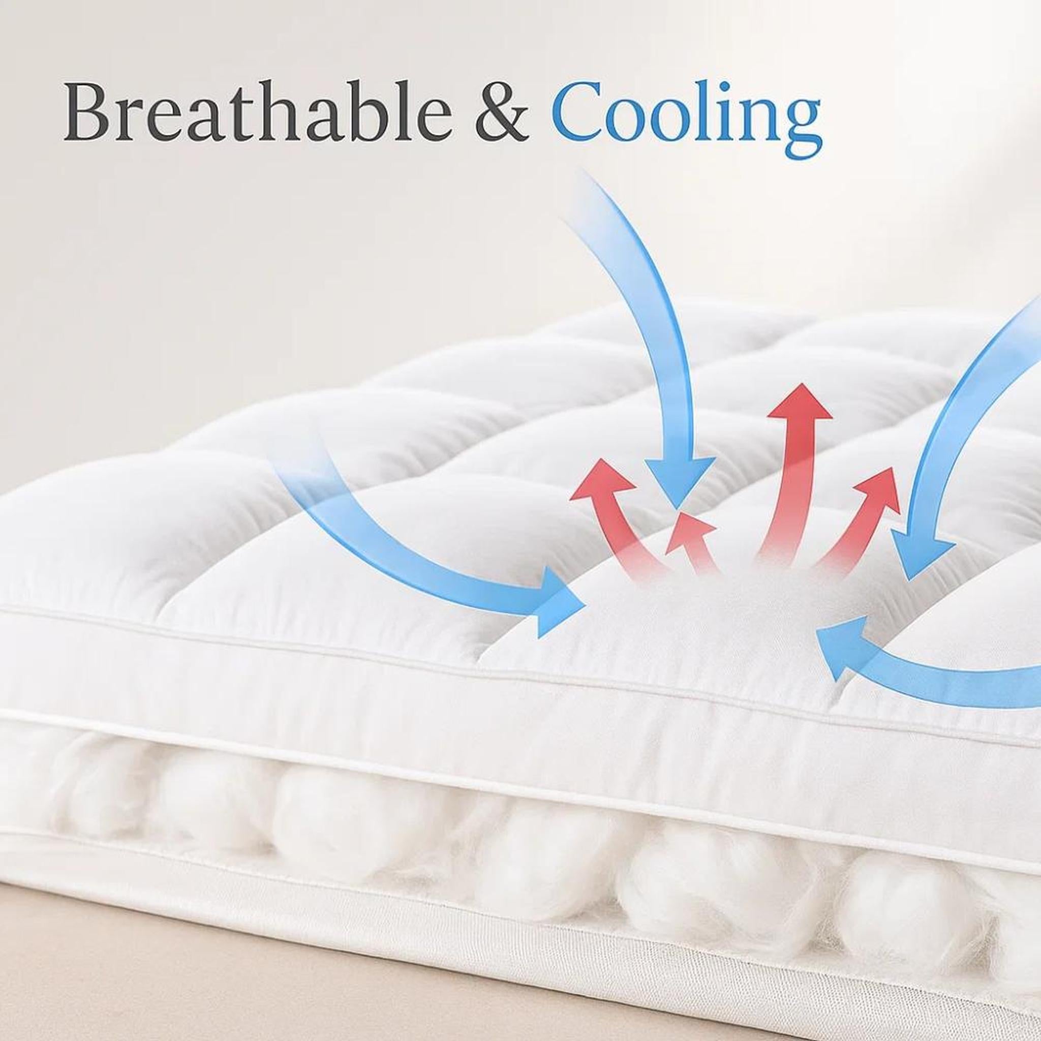 White quilted cooling mattress topper with breathable fabric and visible soft filling.