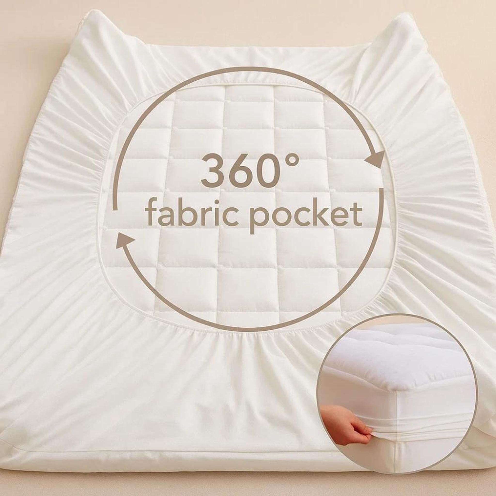 White quilted cooling mattress topper with a 360° fabric pocket, shown fitted on a mattress corner.