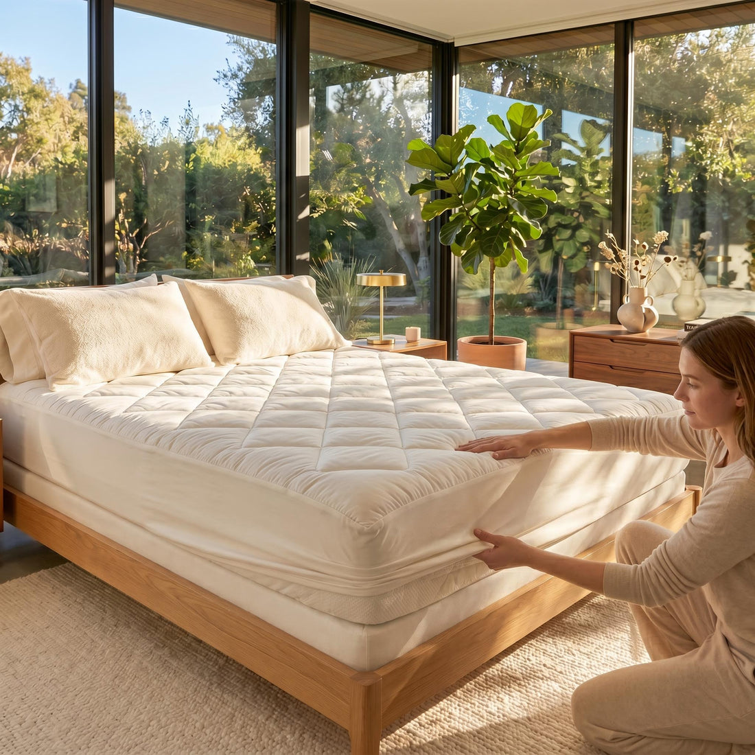 Woman adjusting a plush, white quilted CloudLift cooling mattress topper on a wooden bed frame in a sunlit room.