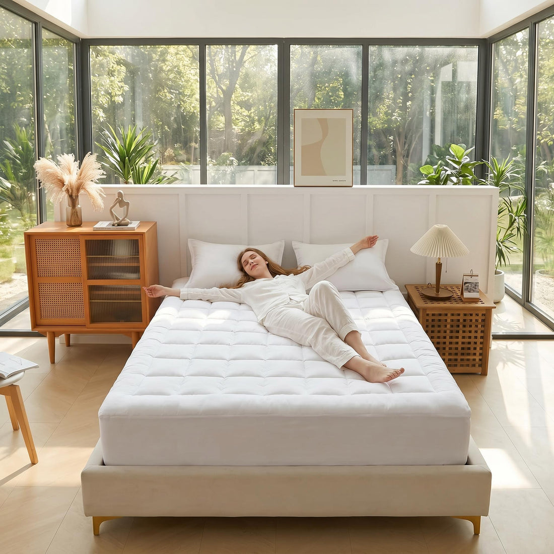 Woman adjusting a plush, white quilted CloudLift cooling mattress topper on a wooden bed frame in a sunlit room.