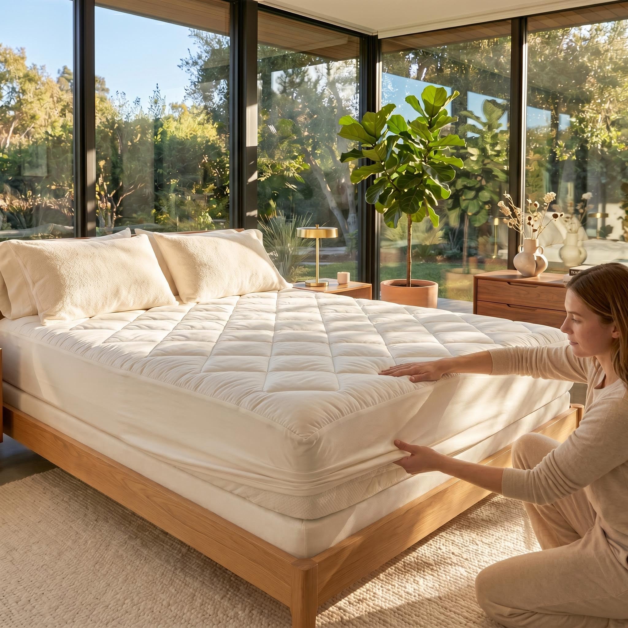 Woman adjusting a white quilted CloudLift Cooling Mattress Topper on a bed in a sunny room.
