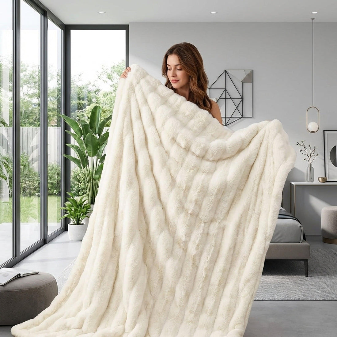 Blonde woman wrapped in a white CloudLoom Plush Throw Blanket on a gray sofa, holding a mug.