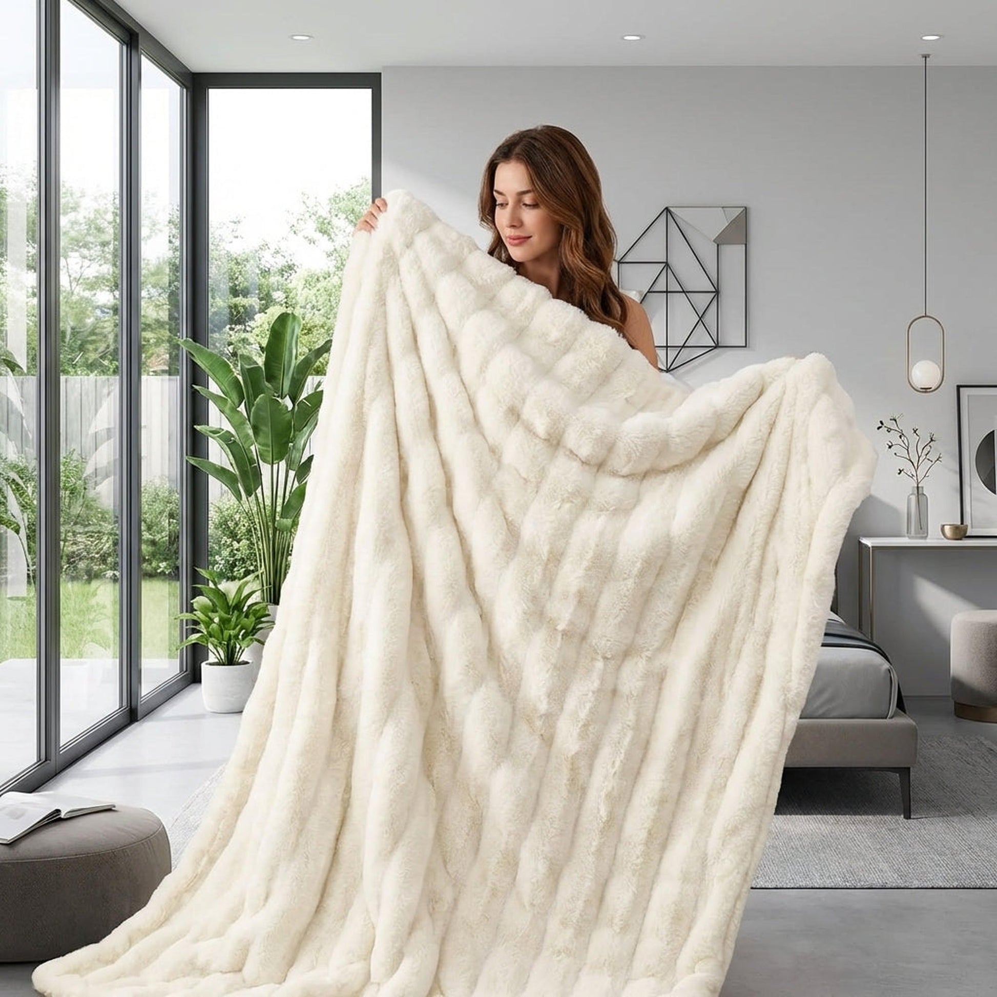 Woman holding a soft, cream-colored CloudLoom Plush Throw Blanket with a textured, lofted design.