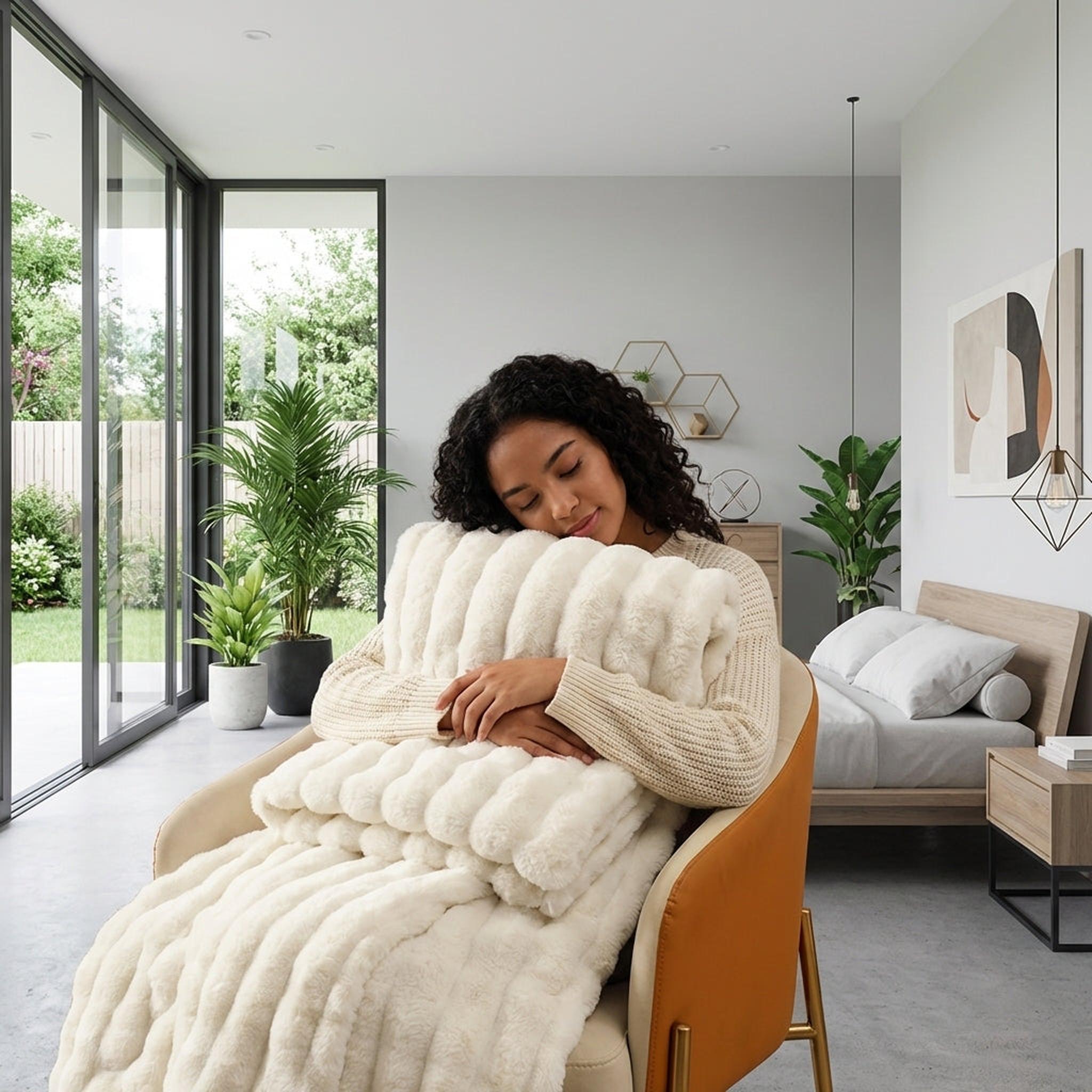 Woman in a modern bedroom hugging a cream CloudLoom Plush Throw Blanket with a ribbed texture.