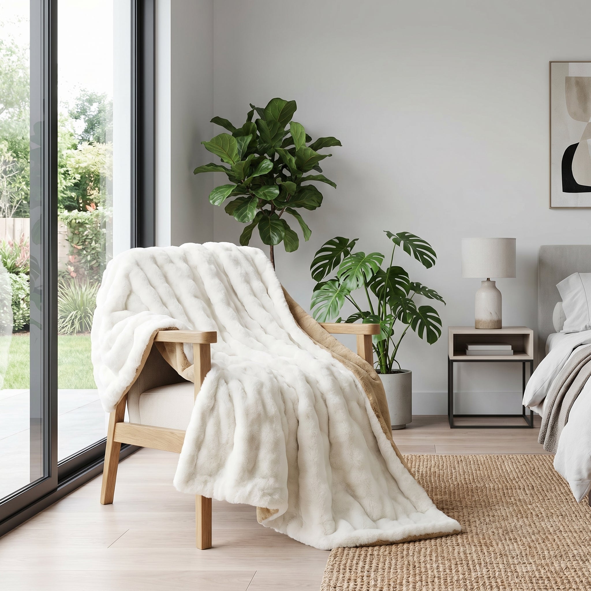Cream plush throw blanket draped over a light wood armchair in a modern bedroom.
