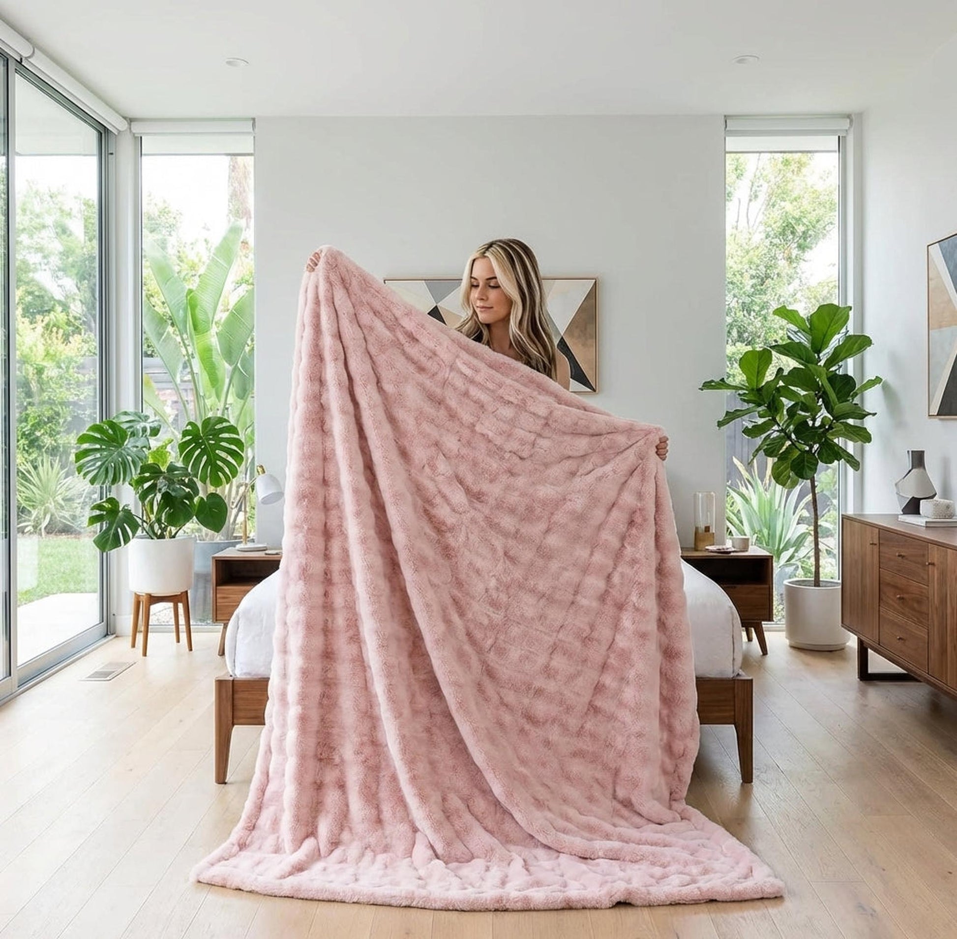 Woman holding a soft, pink CloudLoom Plush Throw Blanket with a subtle textured pattern in a bright bedroom.