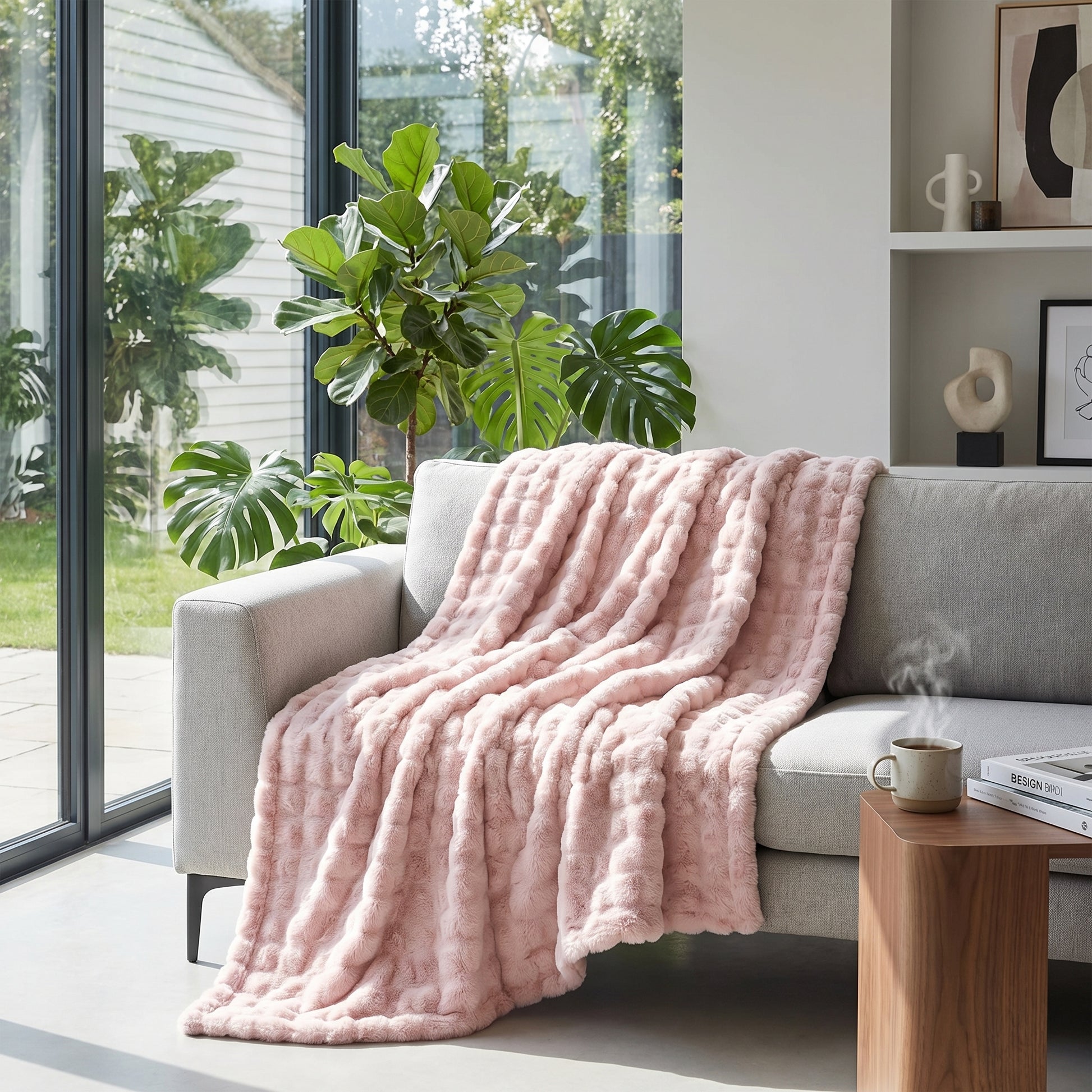 Pink CloudLoom Plush Throw Blanket with a soft, lofted texture draped over a modern gray sofa.
