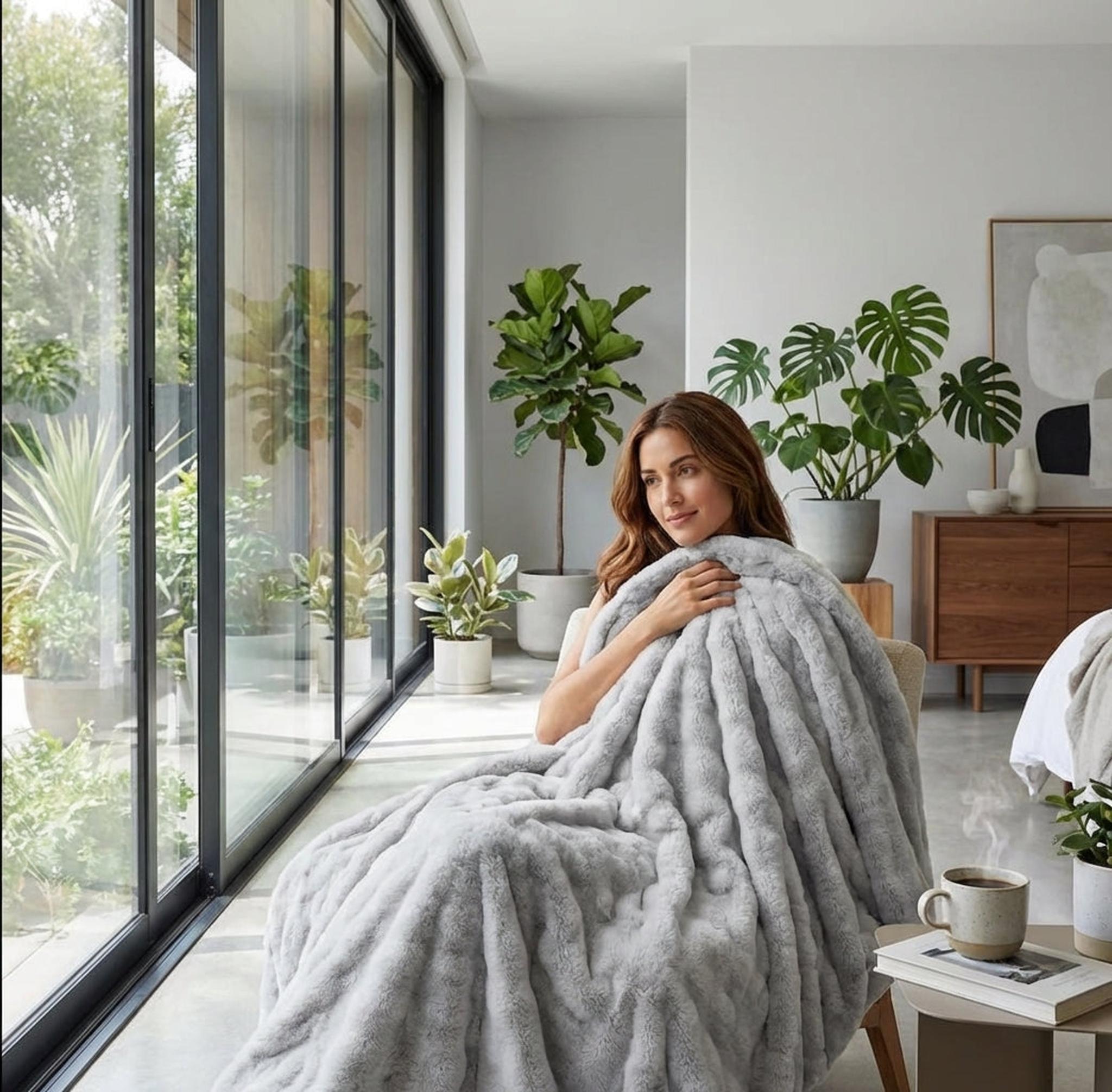 Woman wrapped in a light grey CloudLoom Plush Throw Blanket with a soft, lofted texture, sitting by a window.