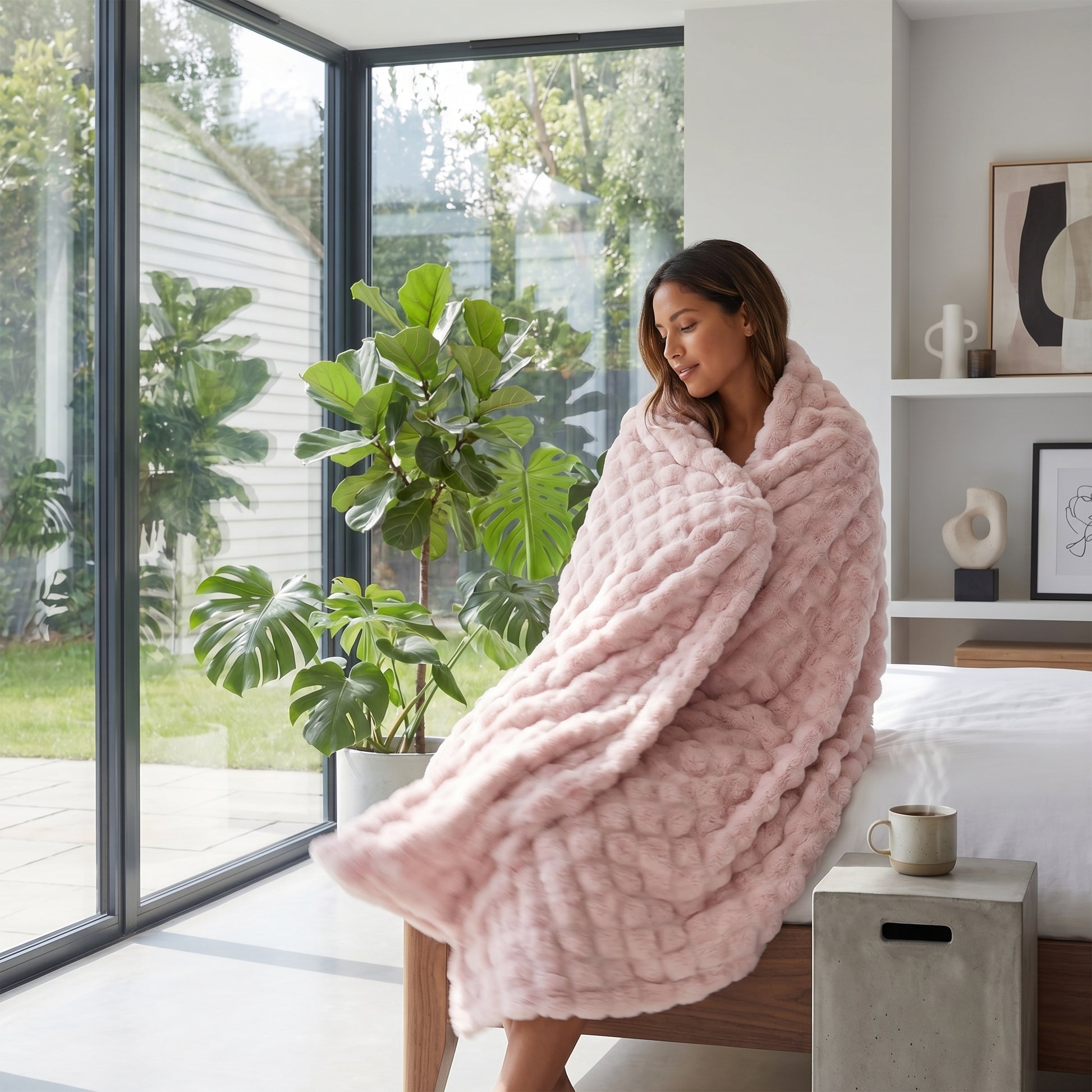 Woman wrapped in a soft, pink CloudLoom Plush Throw Blanket with a textured, knitted design.