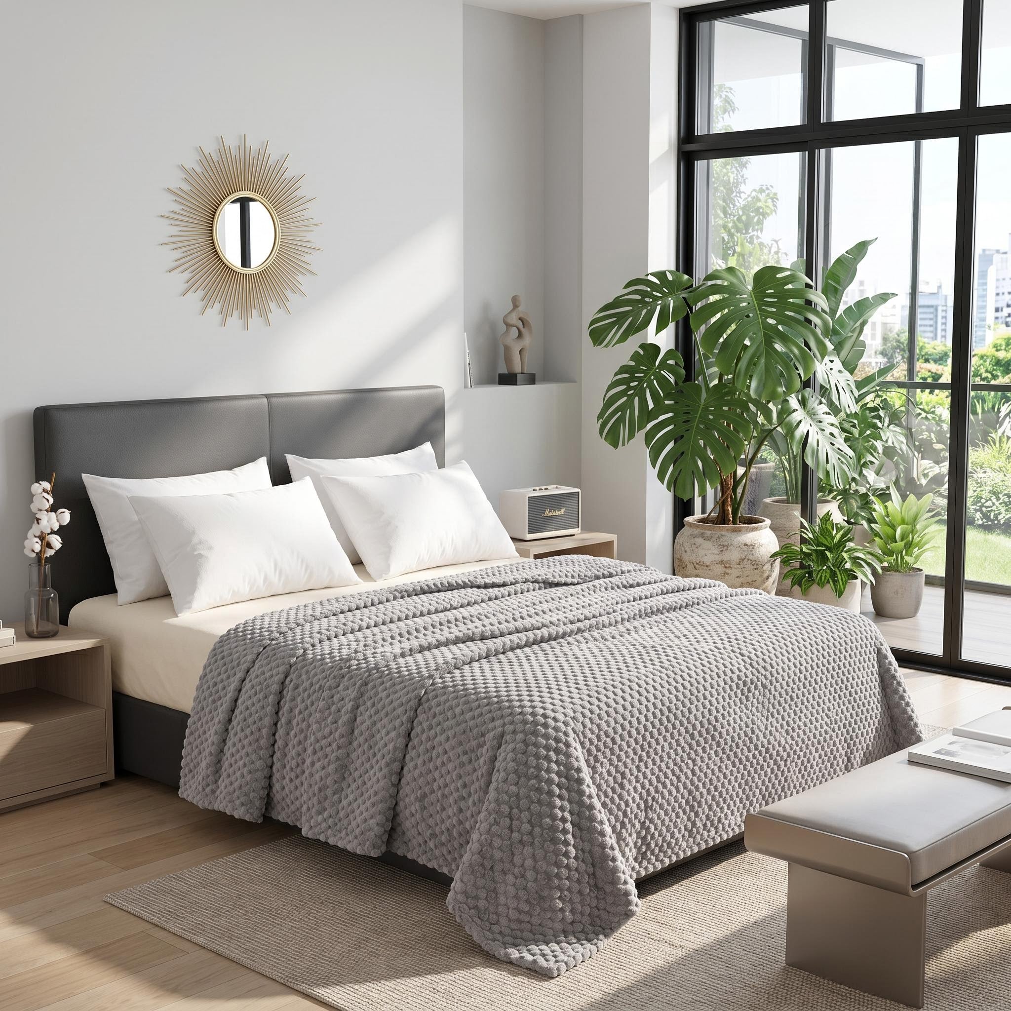 Gray Clouds Jacquard Fleece Blanket on a bed in a bright bedroom with large windows.