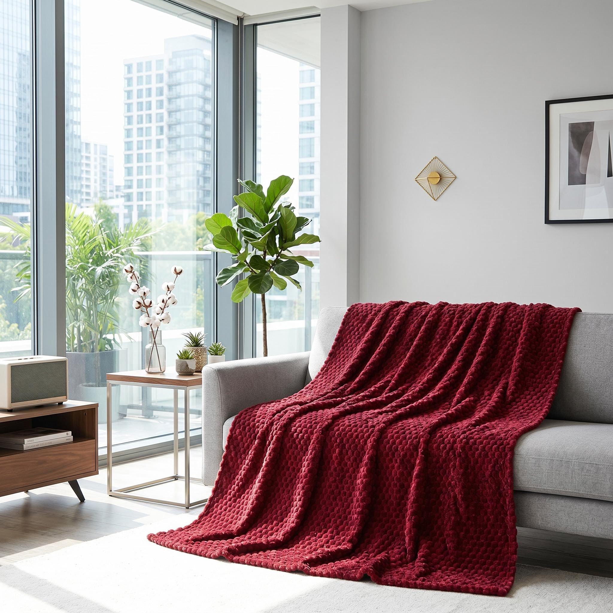 Red jacquard fleece blanket with a 3D cloud pattern draped over a gray sofa in a modern living room.