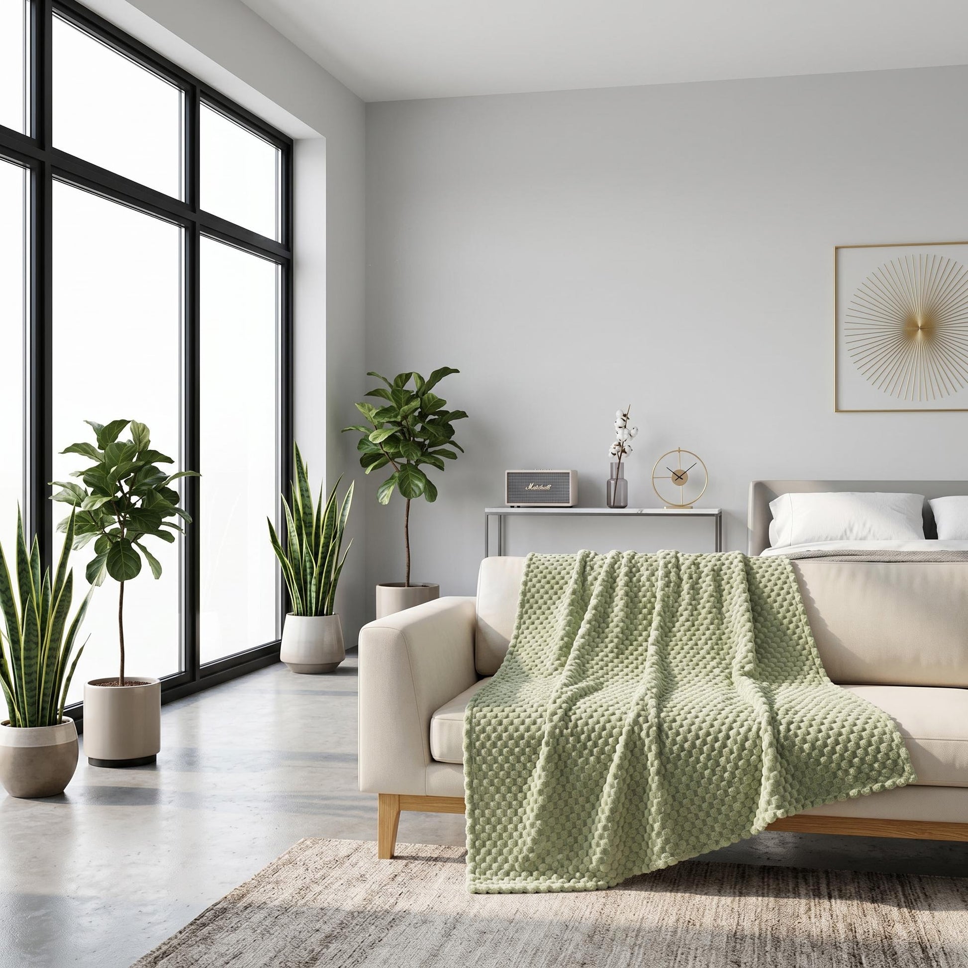 Sage green Clouds Jacquard Fleece Blanket draped over a cream sofa in a modern, bright room.