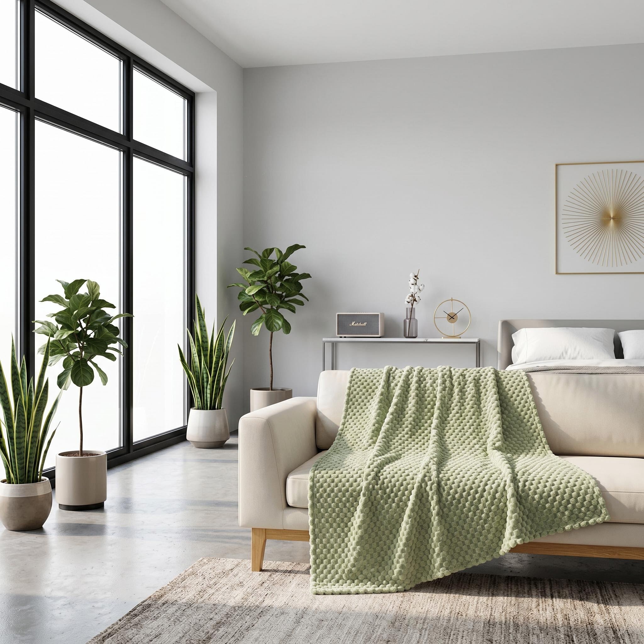 Sage green Clouds Jacquard Fleece Blanket draped over a cream sofa in a modern, bright room.