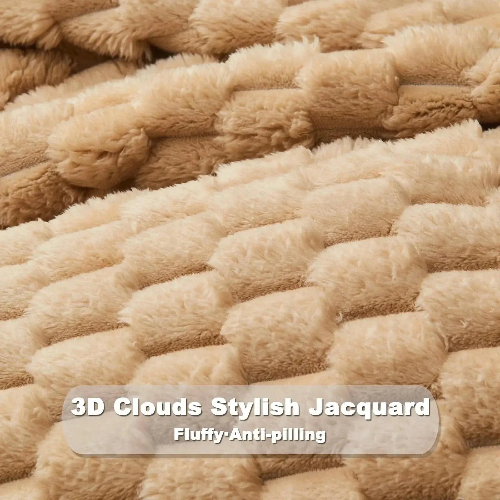 Close-up of a soft, fluffy beige Clouds Jacquard Fleece Blanket with a 3D cloud pattern.