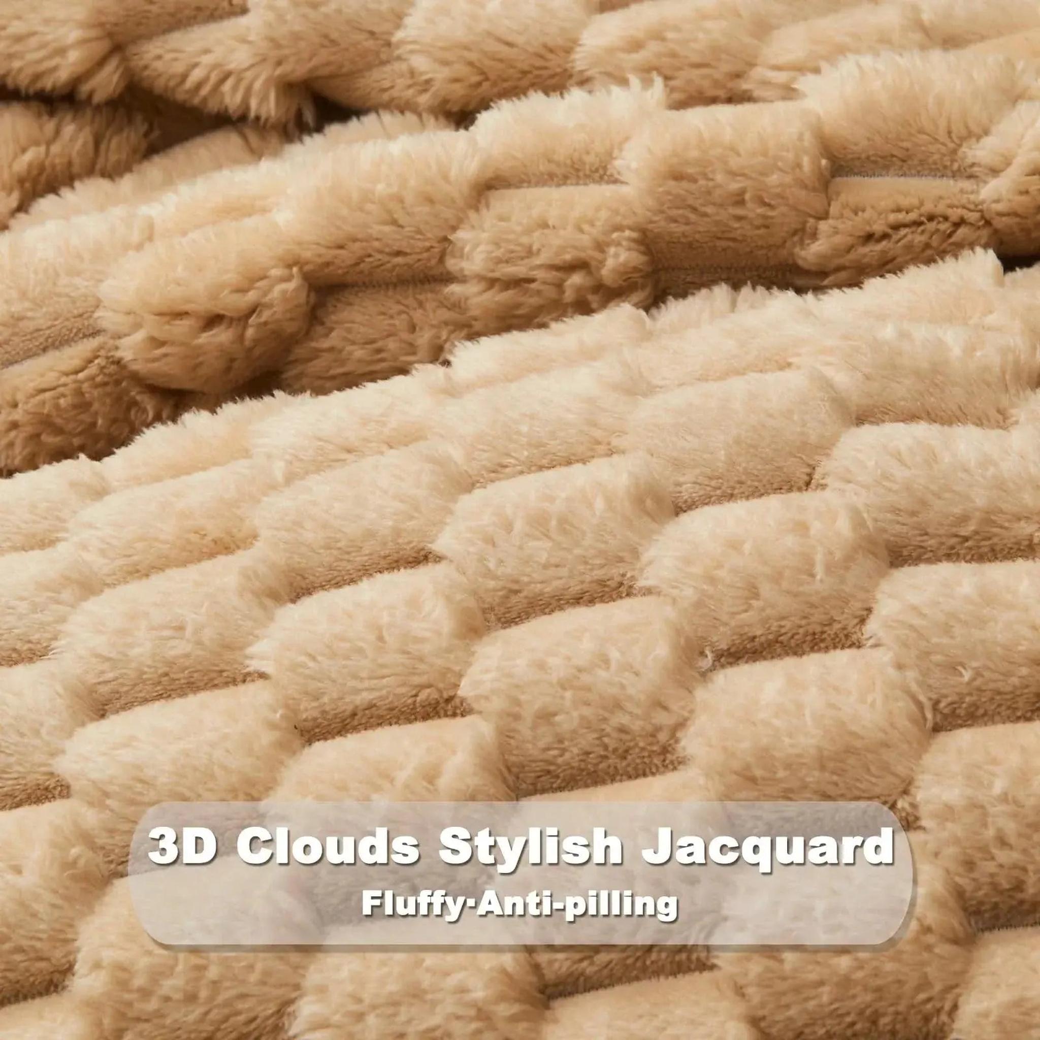 Close-up of a soft, fluffy beige Clouds Jacquard Fleece Blanket with a 3D cloud pattern.