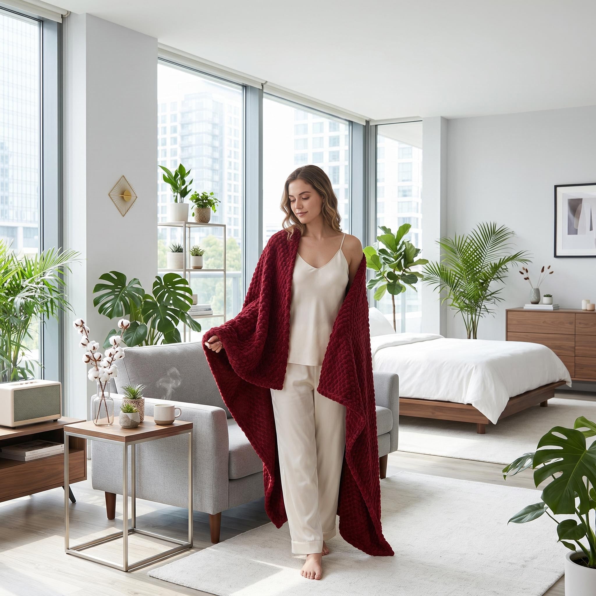 Woman in pajamas draped in a soft, textured red jacquard fleece blanket with a 3D cloud pattern.