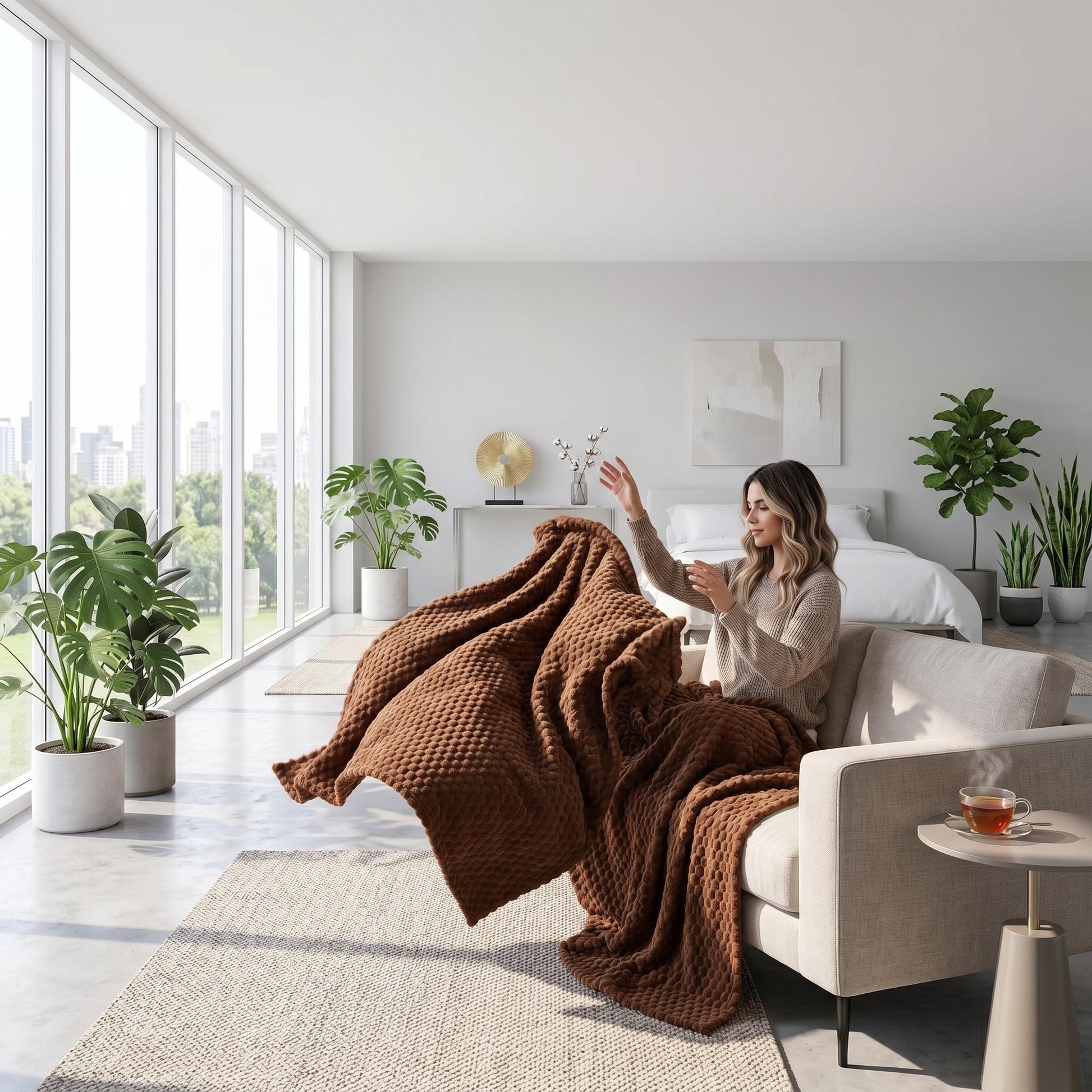 Woman on a sofa holding a brown Clouds Jacquard Fleece Blanket with a 3D cloud pattern.
