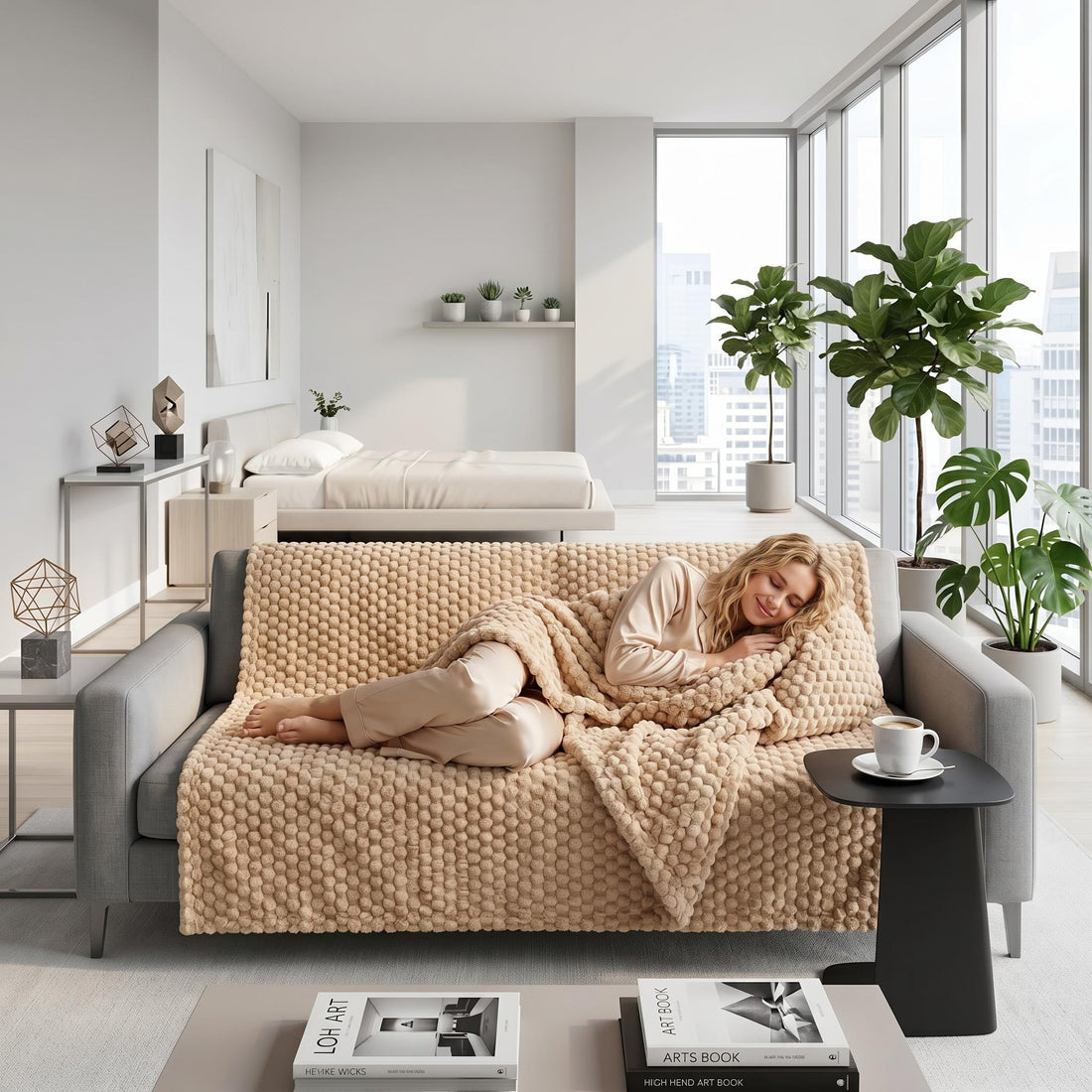Blonde woman sleeping on a grey sofa, covered by a beige Clouds Jacquard Fleece Blanket with a 3D cloud pattern.